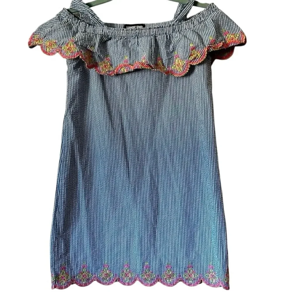 Lands End Girls Seersucker Summer Dress Girls 16 Scalloped Edges 100% Cotton